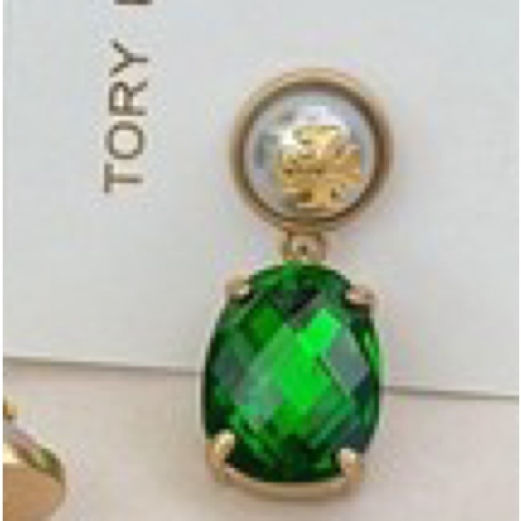 NWT Tory Burch Gold and Emerald crystal drop stud Earrings - Picture 4 of 4
